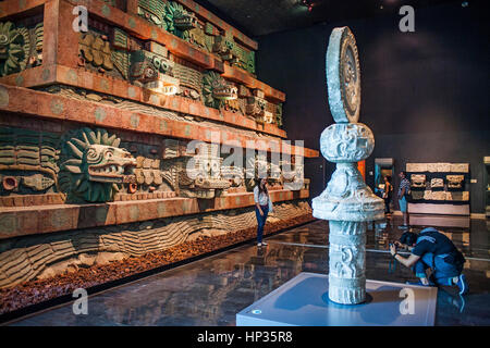 Replica, `Piramide de la serpiente emplumada´, Pyramid of the Feathered Serpent, or snake,from Teotihuacan, National Museum Anthropology. Mexico City. Stock Photo